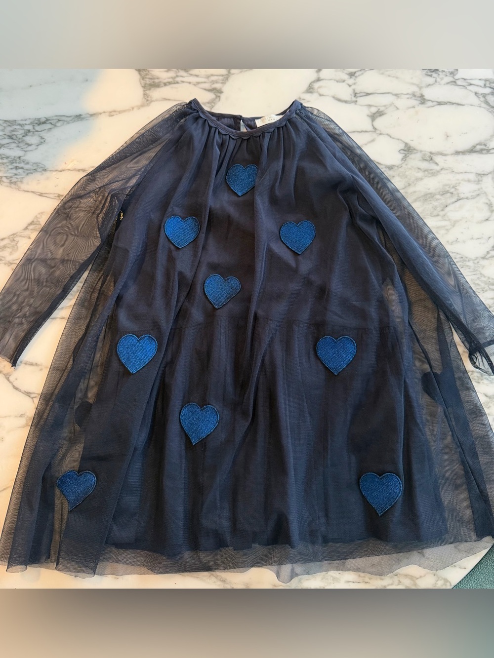 Stella McCartney Kids Navy Tulle Dress with Blue Heart Appliqués